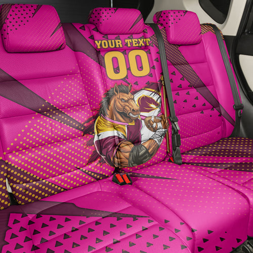 Custom Rugby Broncos Back Car Seat Cover Muscular Horse Mascot With Flag In Pink