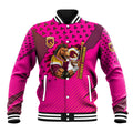 Custom Rugby Broncos Baseball Jacket Muscular Horse Mascot With Flag In Pink