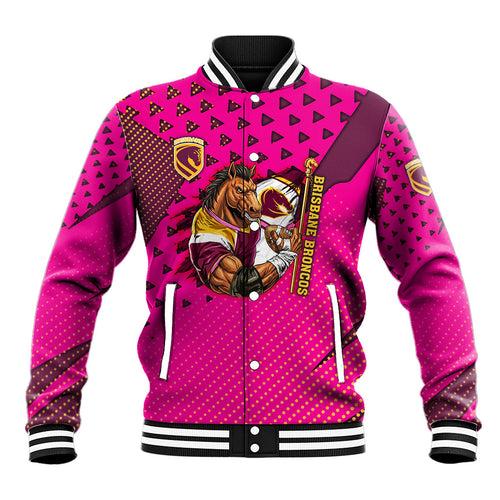 Custom Rugby Broncos Baseball Jacket Muscular Horse Mascot With Flag In Pink