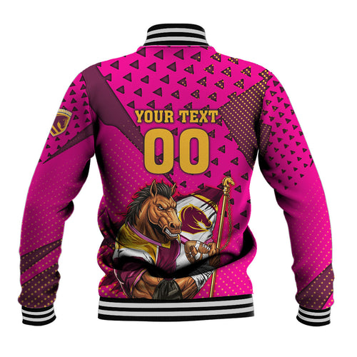 Custom Rugby Broncos Baseball Jacket Muscular Horse Mascot With Flag In Pink