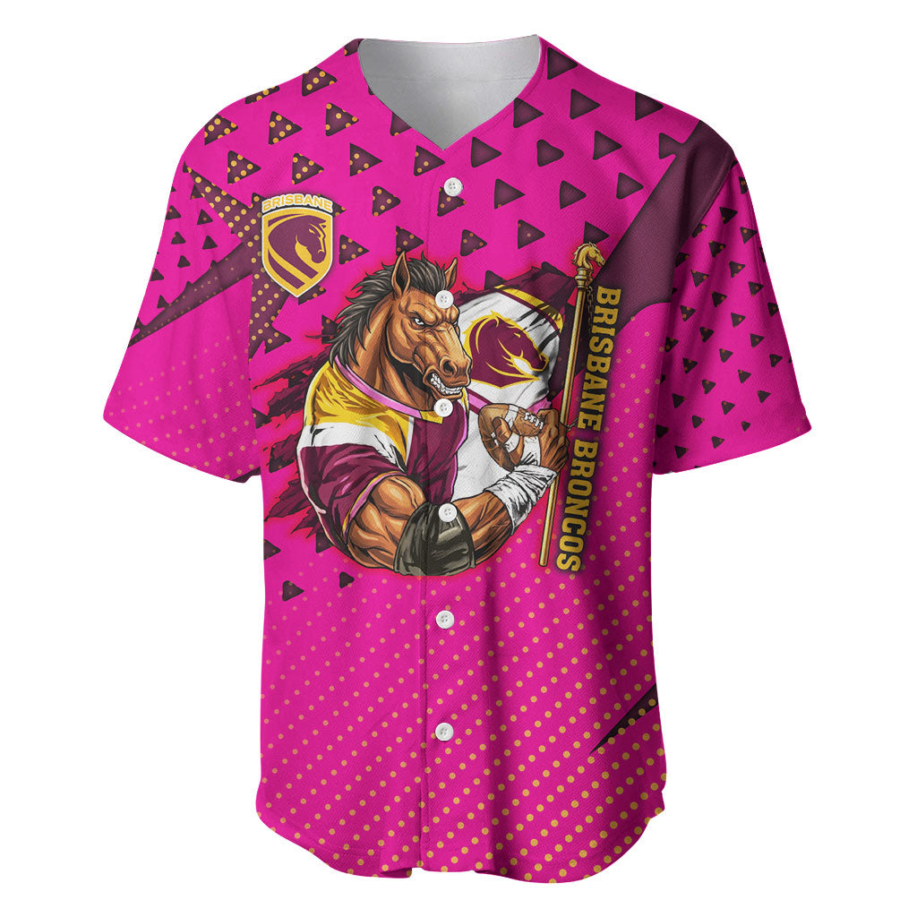 Custom Rugby Broncos Baseball Jersey Muscular Horse Mascot With Flag In Pink
