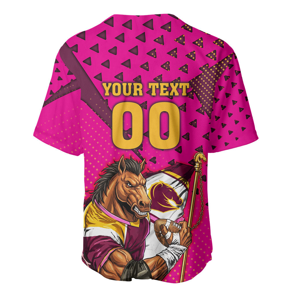 Custom Rugby Broncos Baseball Jersey Muscular Horse Mascot With Flag In Pink
