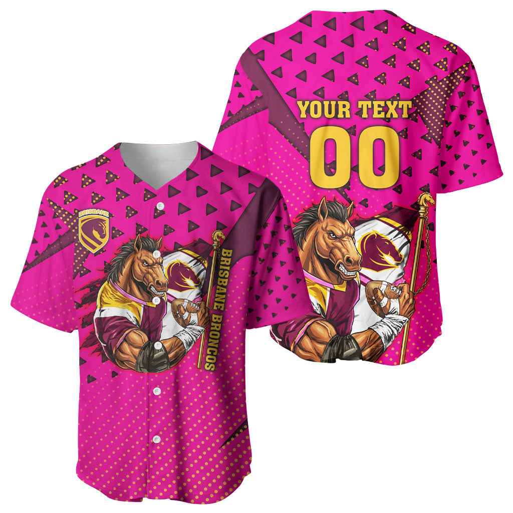 Custom Rugby Broncos Baseball Jersey Muscular Horse Mascot With Flag In Pink
