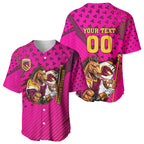Custom Rugby Broncos Baseball Jersey Muscular Horse Mascot With Flag In Pink