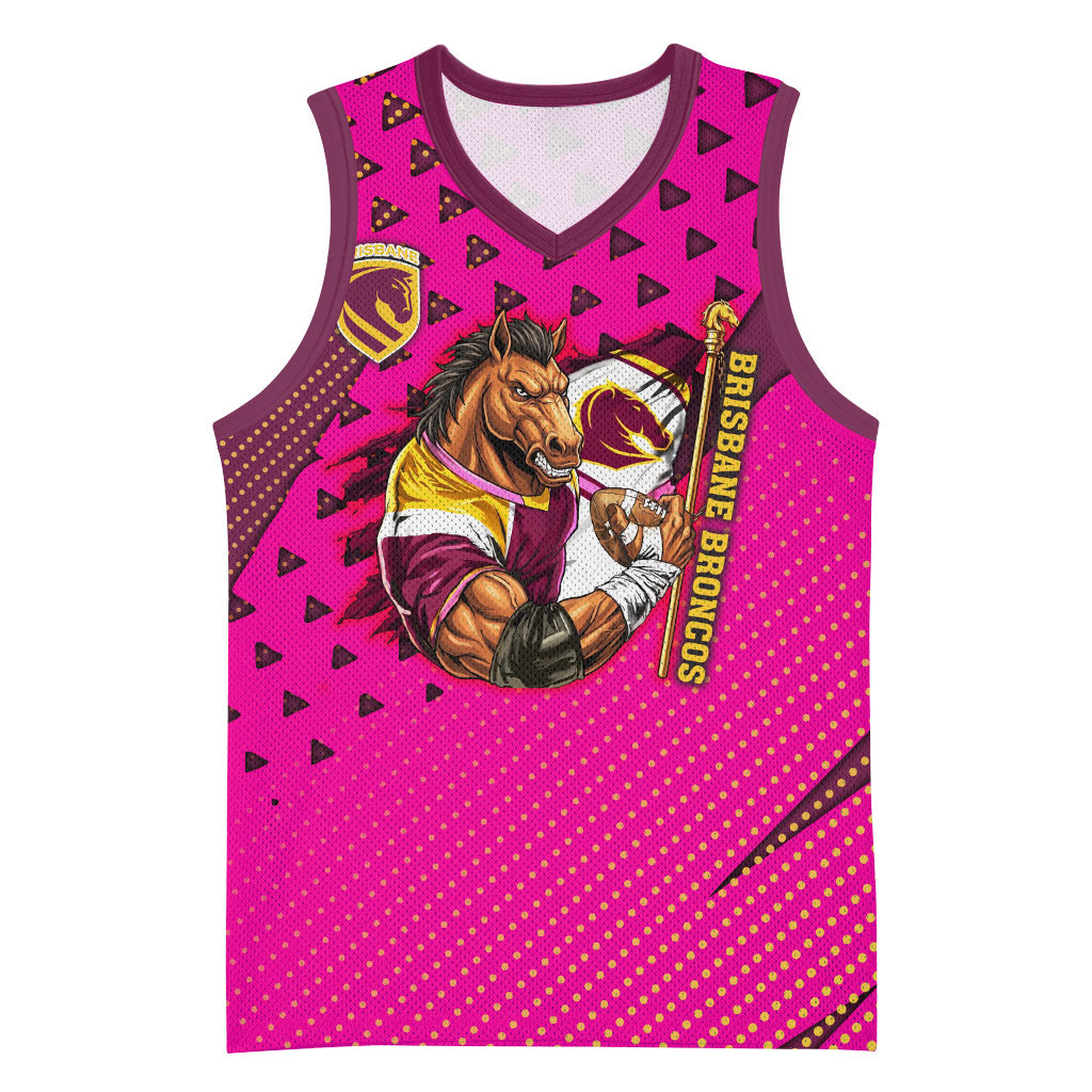 Custom Rugby Broncos Basketball Jersey Muscular Horse Mascot With Flag In Pink