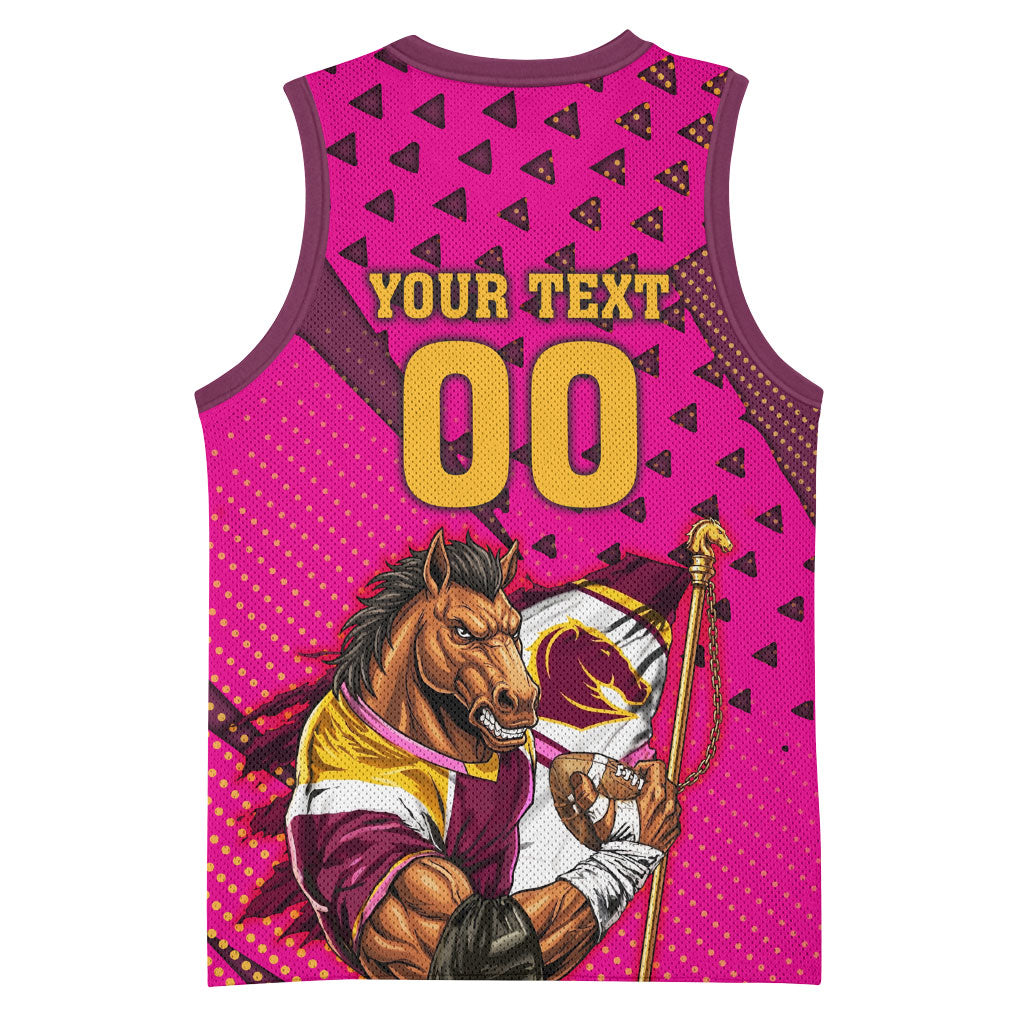 Custom Rugby Broncos Basketball Jersey Muscular Horse Mascot With Flag In Pink