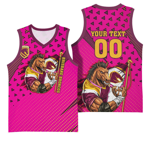 Custom Rugby Broncos Basketball Jersey Muscular Horse Mascot With Flag In Pink
