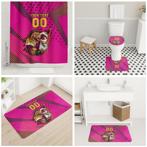 Custom Rugby Broncos Bathroom Set Muscular Horse Mascot With Flag In Pink