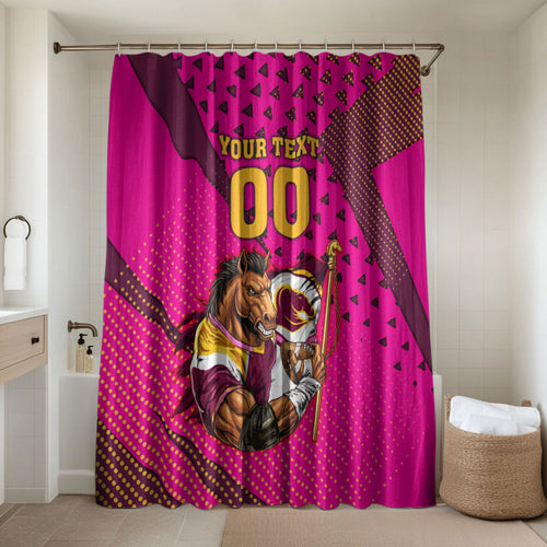 Custom Rugby Broncos Bathroom Set Muscular Horse Mascot With Flag In Pink