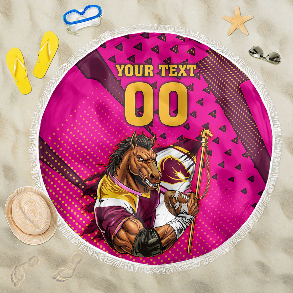 Custom Rugby Broncos Beach Blanket Muscular Horse Mascot With Flag In Pink