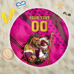 Custom Rugby Broncos Beach Blanket Muscular Horse Mascot With Flag In Pink