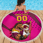 Custom Rugby Broncos Beach Blanket Muscular Horse Mascot With Flag In Pink