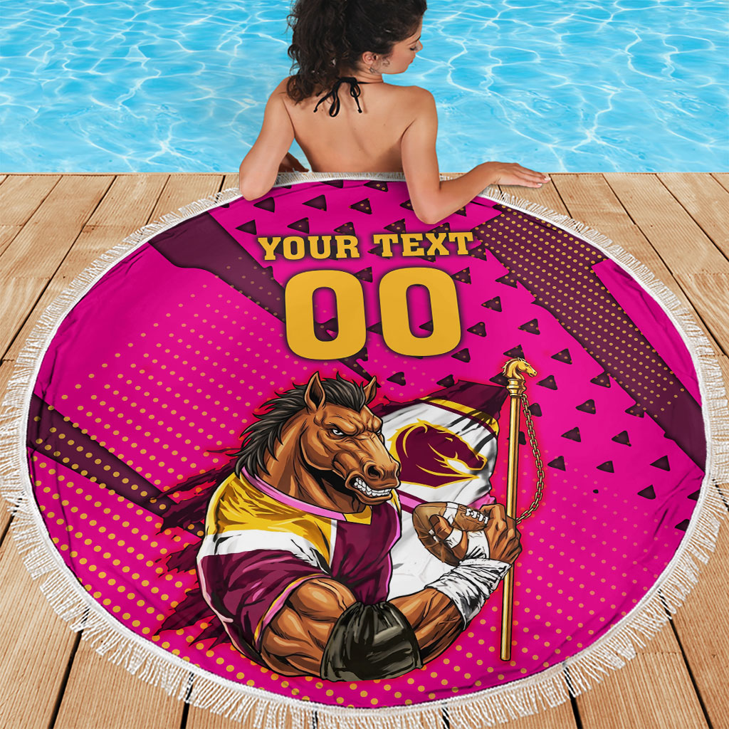 Custom Rugby Broncos Beach Blanket Muscular Horse Mascot With Flag In Pink