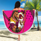 Custom Rugby Broncos Beach Blanket Muscular Horse Mascot With Flag In Pink