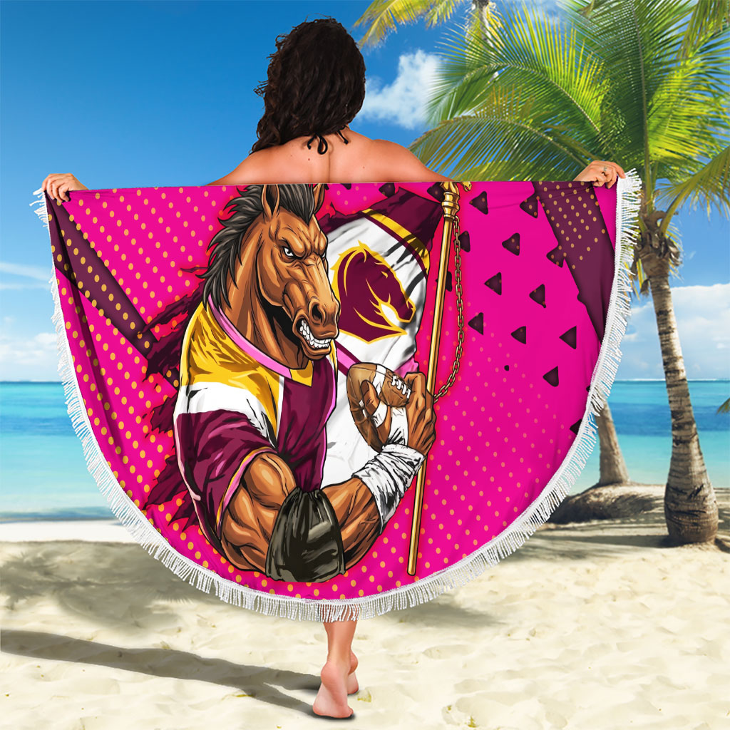 Custom Rugby Broncos Beach Blanket Muscular Horse Mascot With Flag In Pink