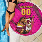 Custom Rugby Broncos Beach Blanket Muscular Horse Mascot With Flag In Pink