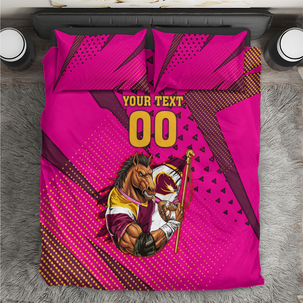 Custom Rugby Broncos Bedding Set Muscular Horse Mascot With Flag In Pink