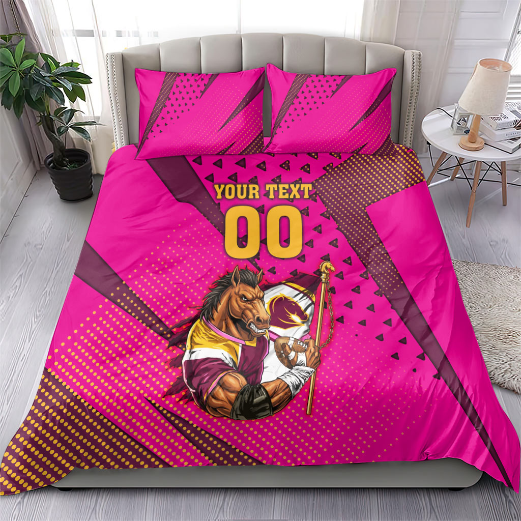 Custom Rugby Broncos Bedding Set Muscular Horse Mascot With Flag In Pink