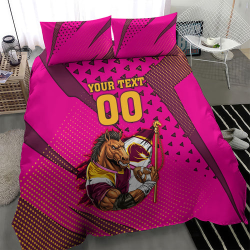 Custom Rugby Broncos Bedding Set Muscular Horse Mascot With Flag In Pink