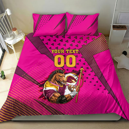 Custom Rugby Broncos Bedding Set Muscular Horse Mascot With Flag In Pink