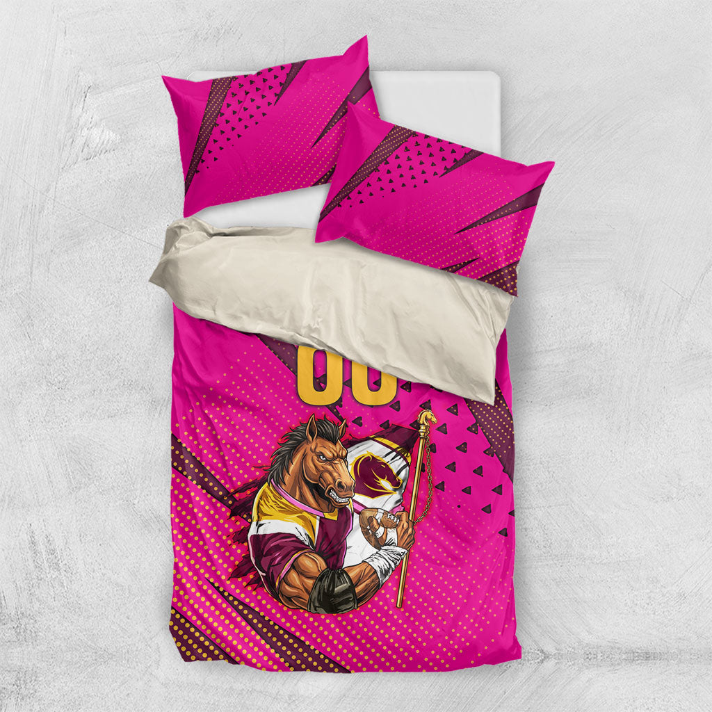 Custom Rugby Broncos Bedding Set Muscular Horse Mascot With Flag In Pink