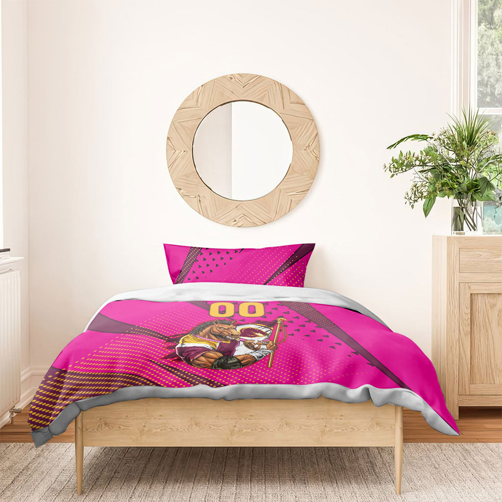 Custom Rugby Broncos Bedding Set Muscular Horse Mascot With Flag In Pink