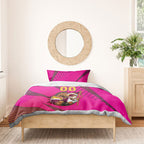 Custom Rugby Broncos Bedding Set Muscular Horse Mascot With Flag In Pink