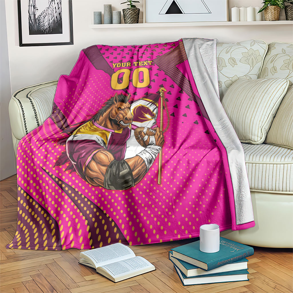 Custom Rugby Broncos Blanket Muscular Horse Mascot With Flag In Pink