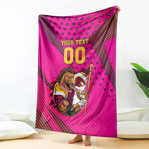 Custom Rugby Broncos Blanket Muscular Horse Mascot With Flag In Pink
