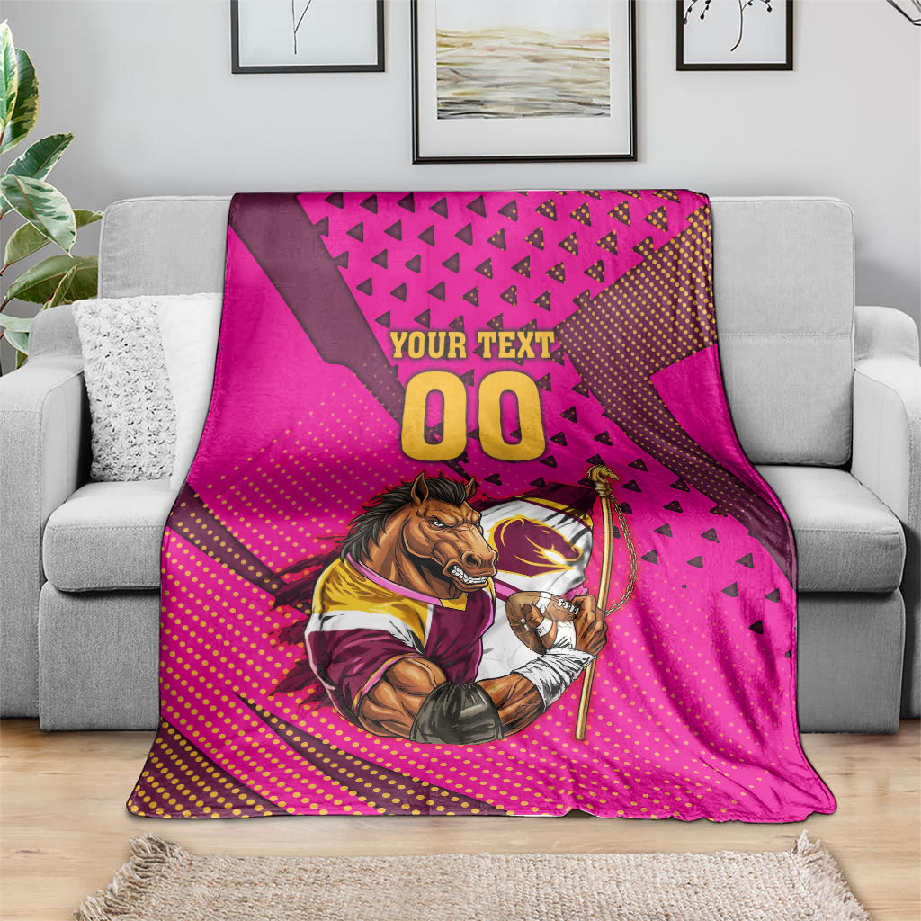 Custom Rugby Broncos Blanket Muscular Horse Mascot With Flag In Pink