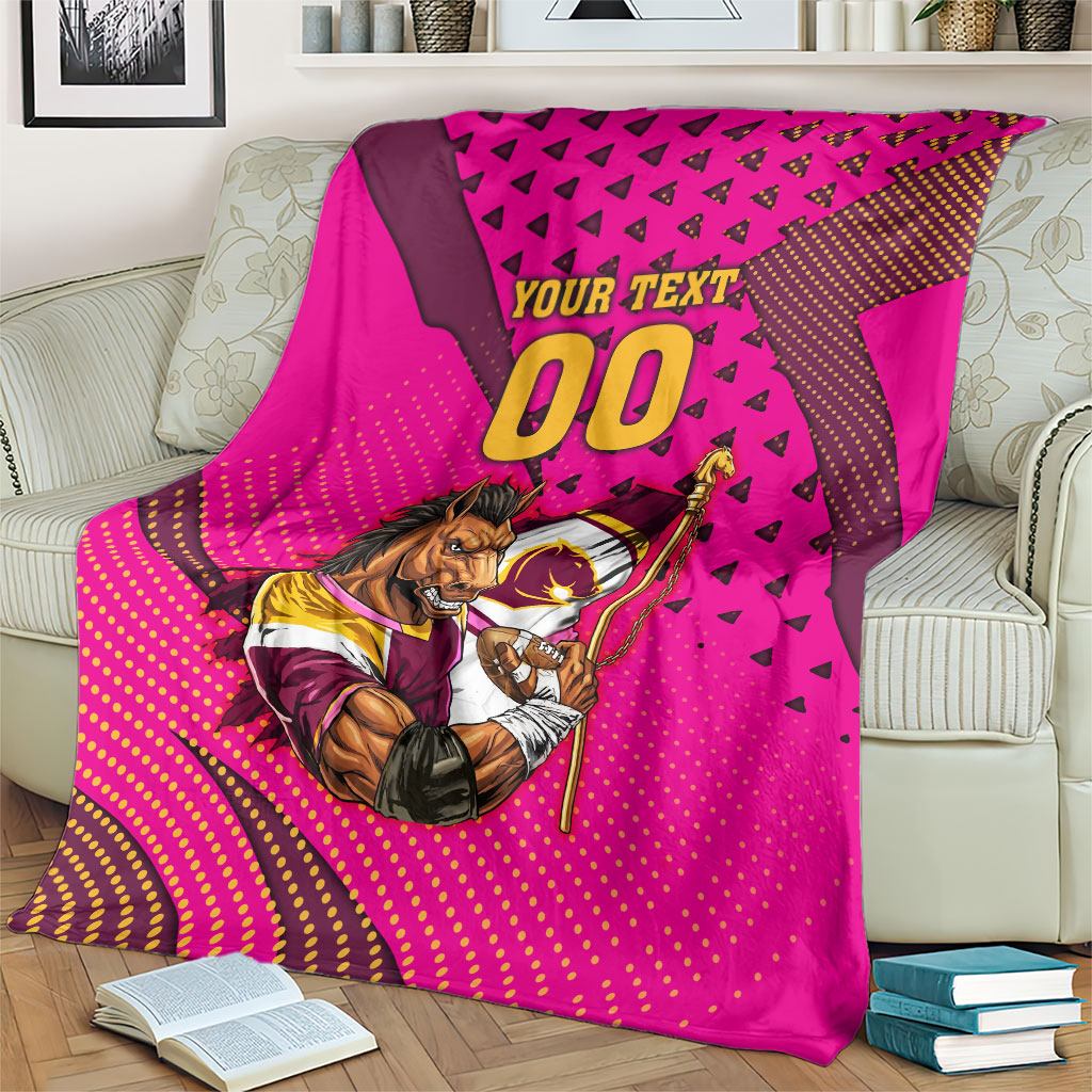 Custom Rugby Broncos Blanket Muscular Horse Mascot With Flag In Pink