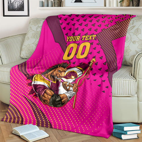 Custom Rugby Broncos Blanket Muscular Horse Mascot With Flag In Pink