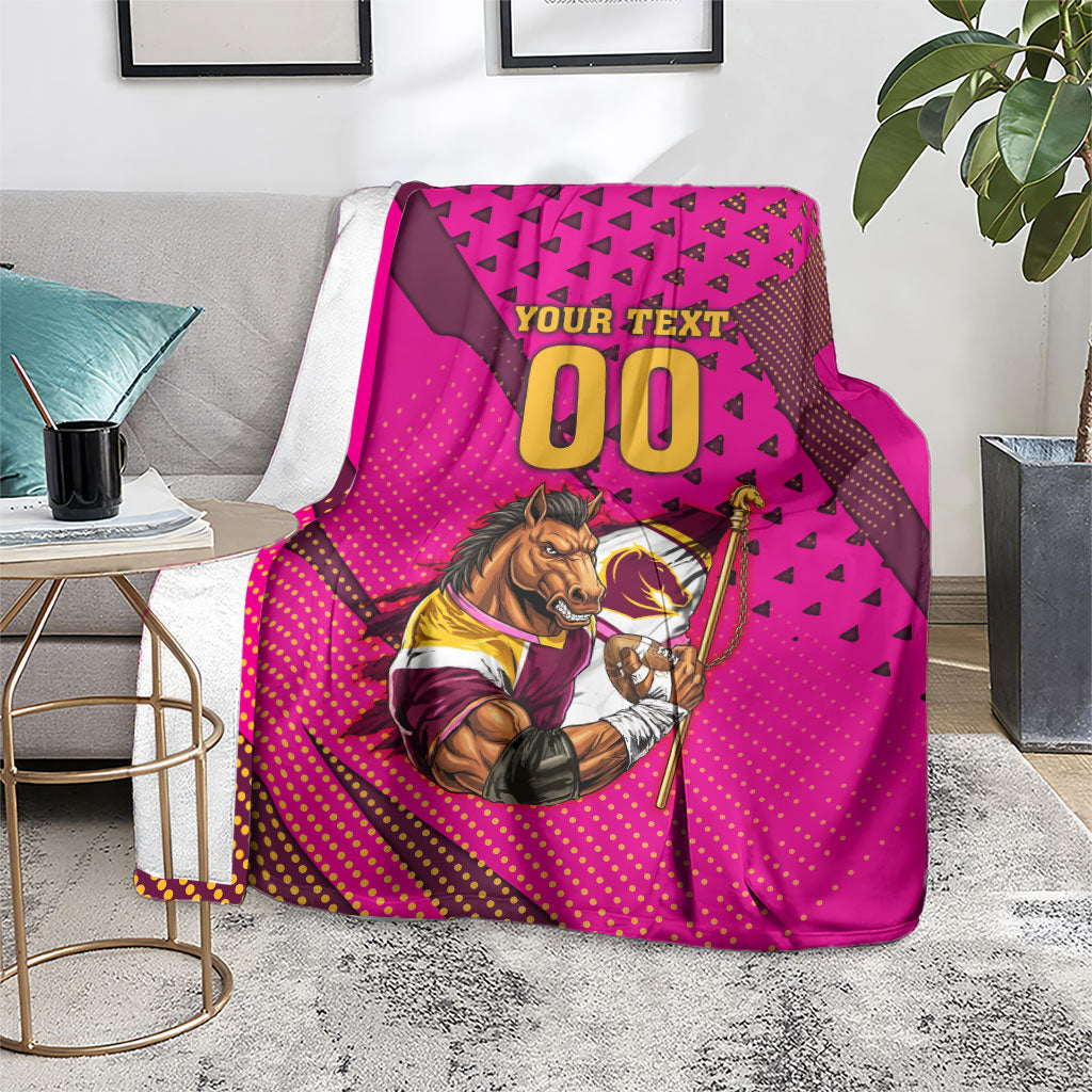 Custom Rugby Broncos Blanket Muscular Horse Mascot With Flag In Pink