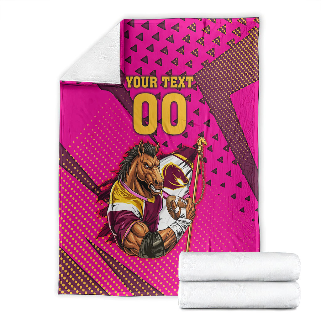 Custom Rugby Broncos Blanket Muscular Horse Mascot With Flag In Pink
