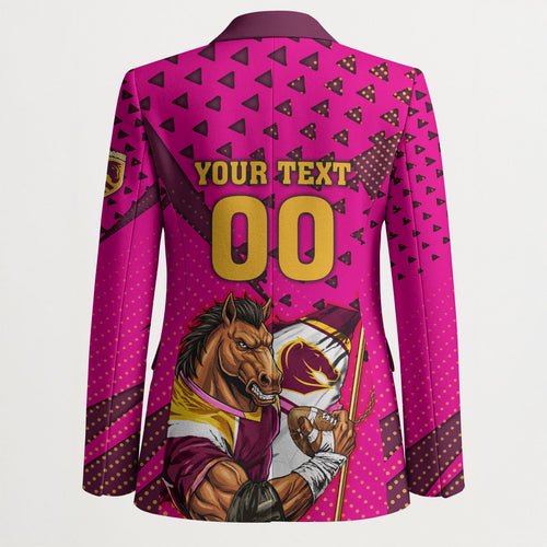 Custom Rugby Broncos Blazer Muscular Horse Mascot With Flag In Pink
