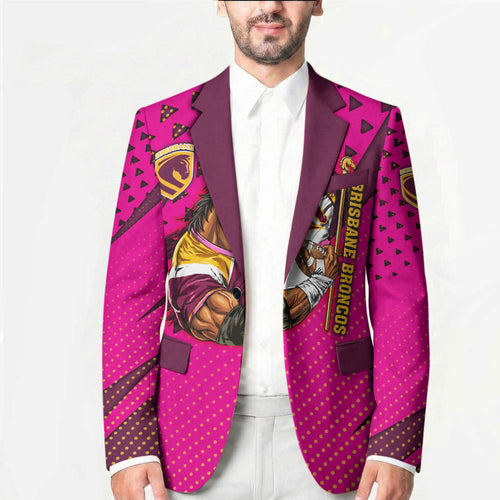 Custom Rugby Broncos Blazer Muscular Horse Mascot With Flag In Pink