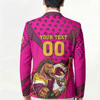 Custom Rugby Broncos Blazer Muscular Horse Mascot With Flag In Pink