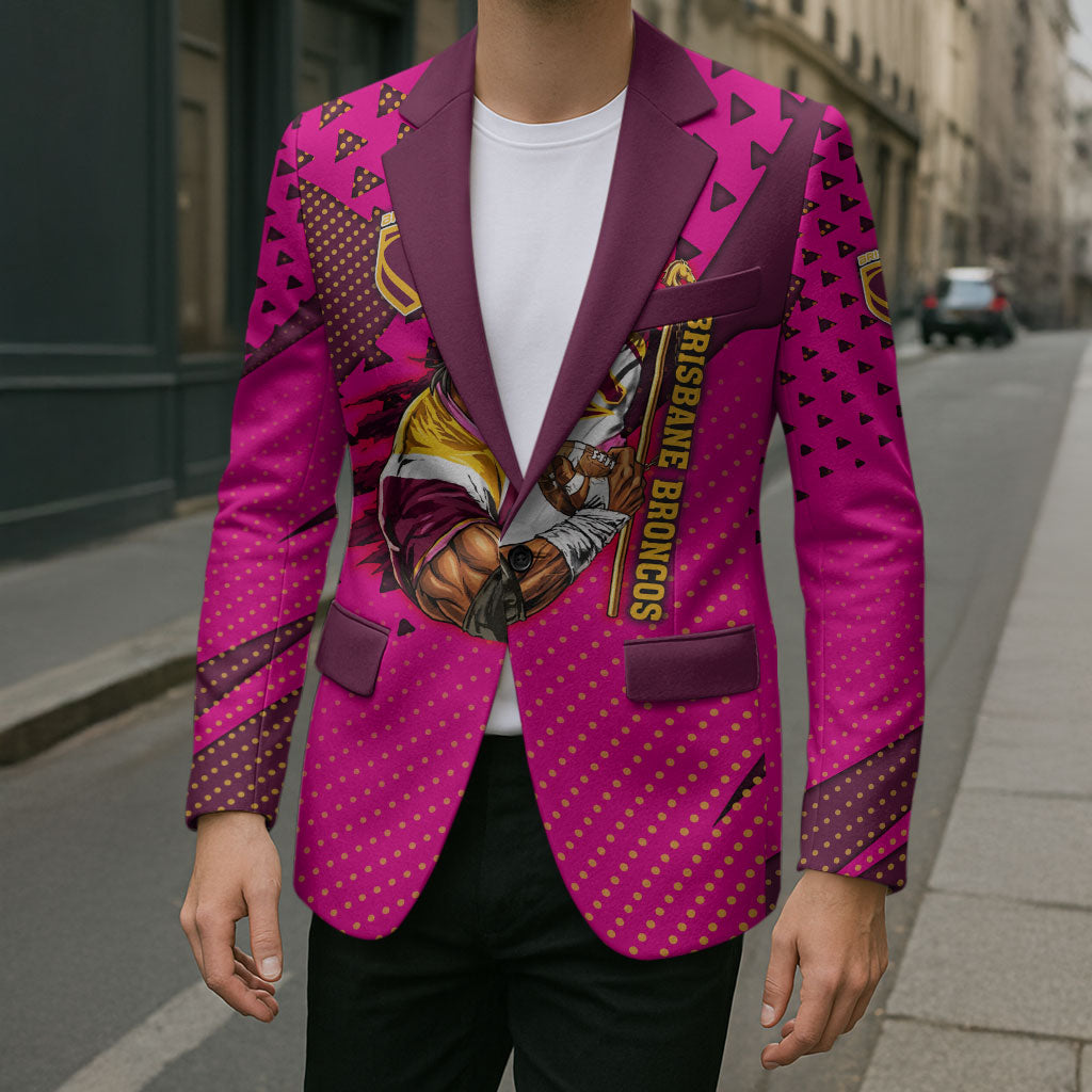 Custom Rugby Broncos Blazer Muscular Horse Mascot With Flag In Pink