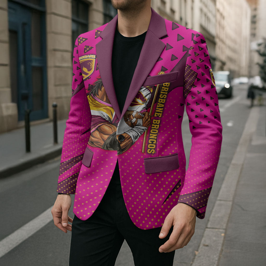 Custom Rugby Broncos Blazer Muscular Horse Mascot With Flag In Pink