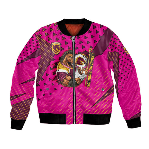 Custom Rugby Broncos Bomber Jacket Muscular Horse Mascot With Flag In Pink