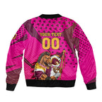 Custom Rugby Broncos Bomber Jacket Muscular Horse Mascot With Flag In Pink