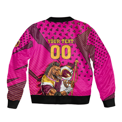 Custom Rugby Broncos Bomber Jacket Muscular Horse Mascot With Flag In Pink