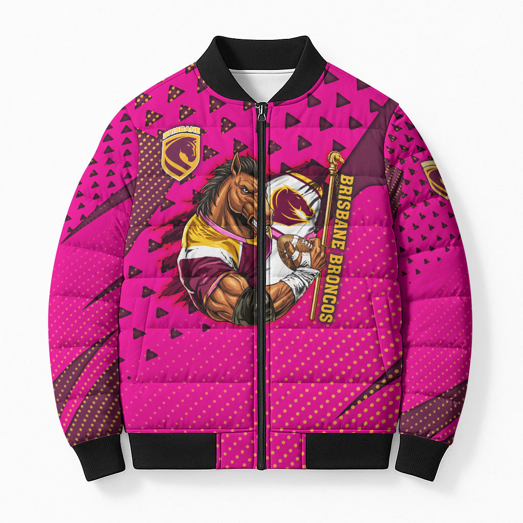 Custom Rugby Broncos Bomber Puffer Jacket Muscular Horse Mascot With Flag In Pink