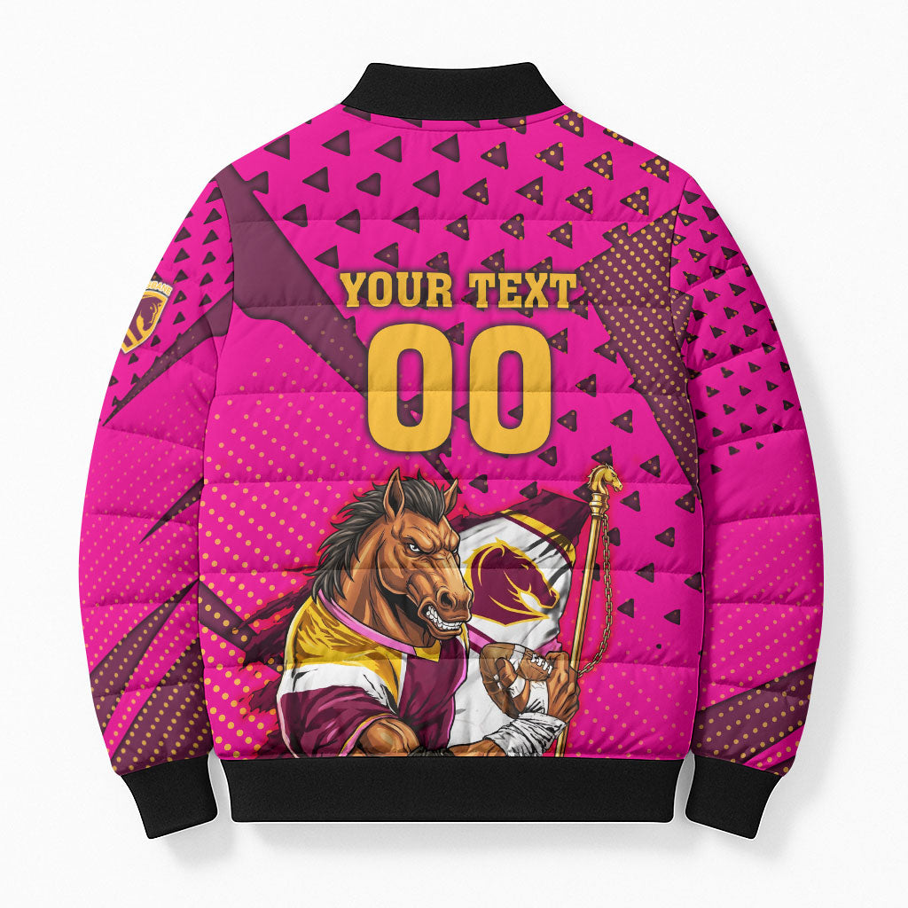 Custom Rugby Broncos Bomber Puffer Jacket Muscular Horse Mascot With Flag In Pink