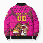 Custom Rugby Broncos Bomber Puffer Jacket Muscular Horse Mascot With Flag In Pink