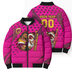 Custom Rugby Broncos Bomber Puffer Jacket Muscular Horse Mascot With Flag In Pink