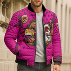 Custom Rugby Broncos Bomber Puffer Jacket Muscular Horse Mascot With Flag In Pink