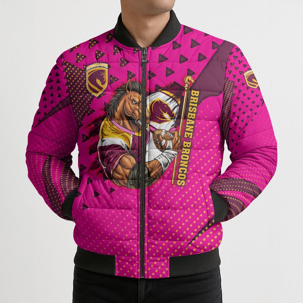 Custom Rugby Broncos Bomber Puffer Jacket Muscular Horse Mascot With Flag In Pink