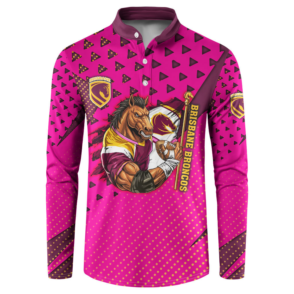 Custom Rugby Broncos Button Sweatshirt Muscular Horse Mascot With Flag In Pink