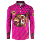 Custom Rugby Broncos Button Sweatshirt Muscular Horse Mascot With Flag In Pink
